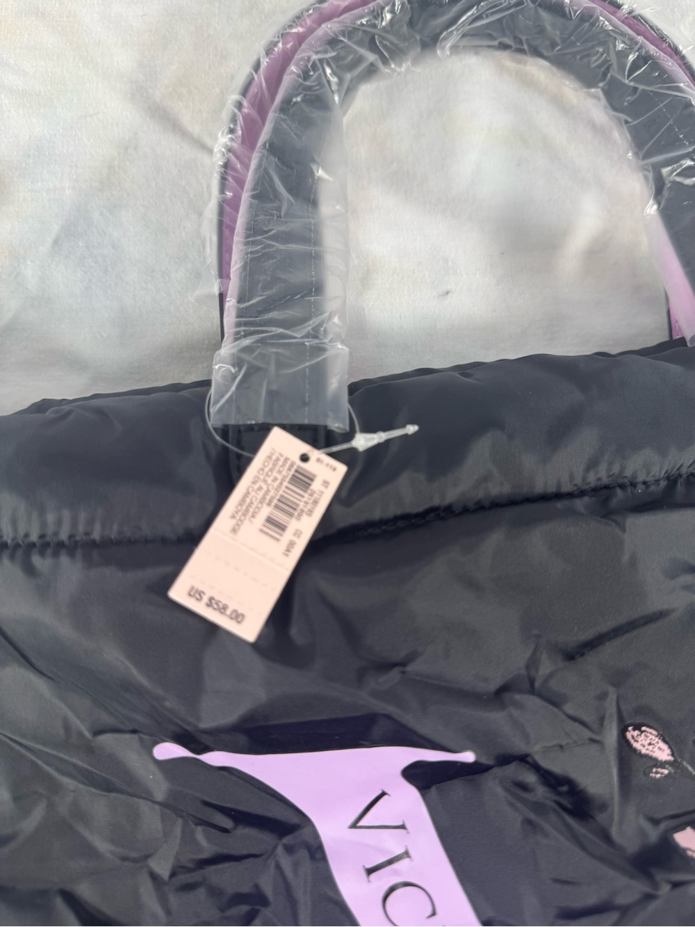 NWT Victoria's Secret Black Puffy Nylon Tote Bag Lilac Floral V Logo Y2K